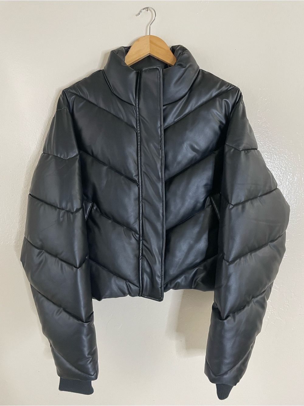 IVL collective black Faux Leather full zip Cropped Puffer Jacket